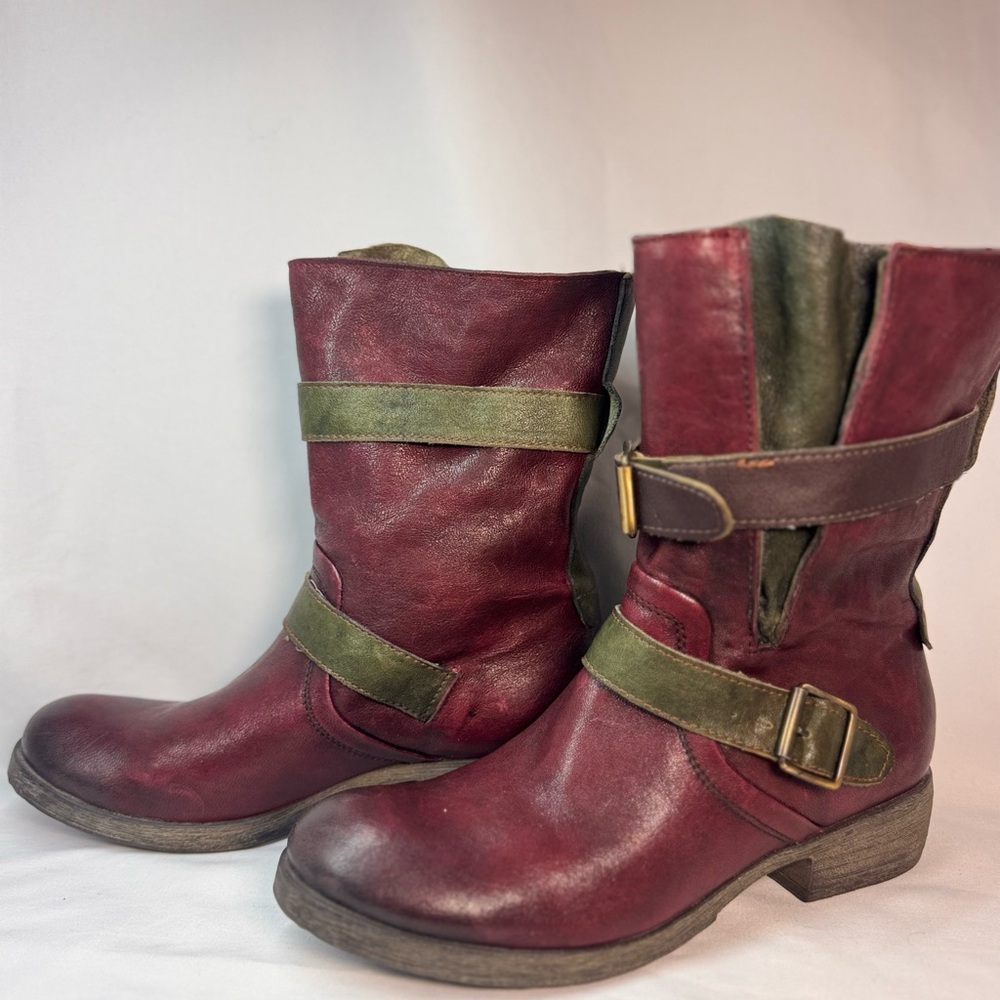 A.S.98 Air Step Moto Boots EU 38 US 7 Red Green Distressed Leather Buckle NWOB